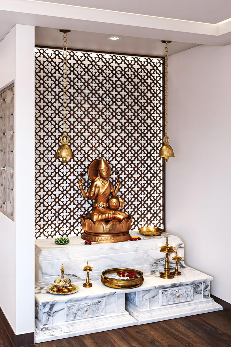 Acacia and White Modern Floor-Mounted Pooja Unit Design