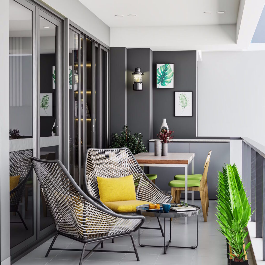 Bohemian Balcony Design with Grey Wall Paint And Wall Art