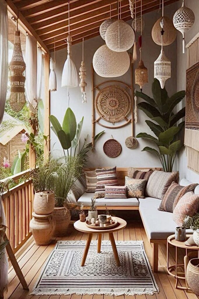 Bohemian Balcony Design with Metal Sofa and Cane Decor