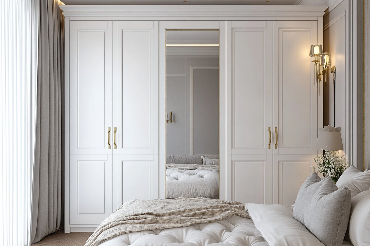 Contemporary 4-Door Swing Wardrobe Design in White and Grey