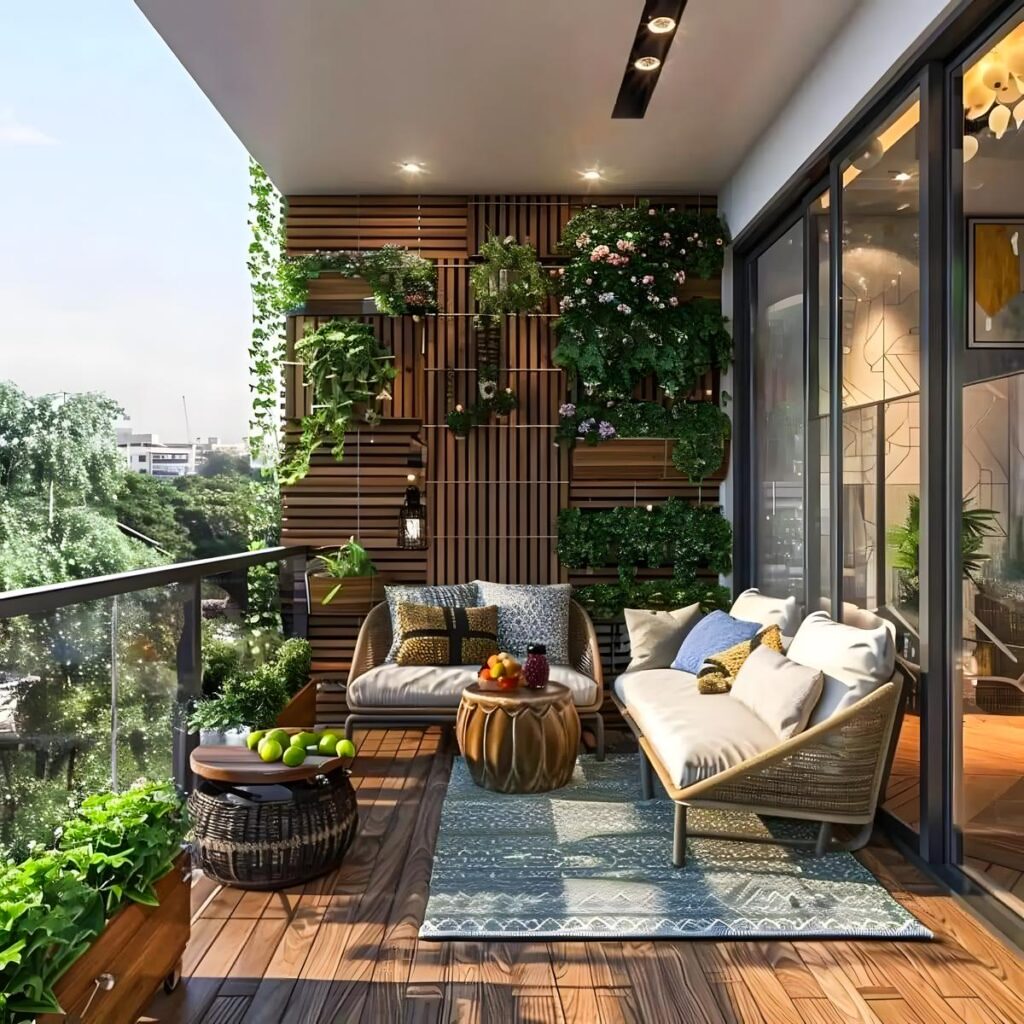 Contemporary Balcony Design with Wood Cladding and Textured Wood Wall