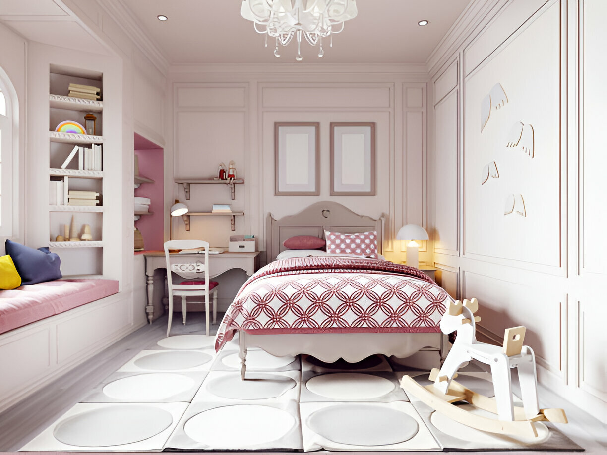 Contemporary Kids Bedroom Design with Queen Bed and Study Table