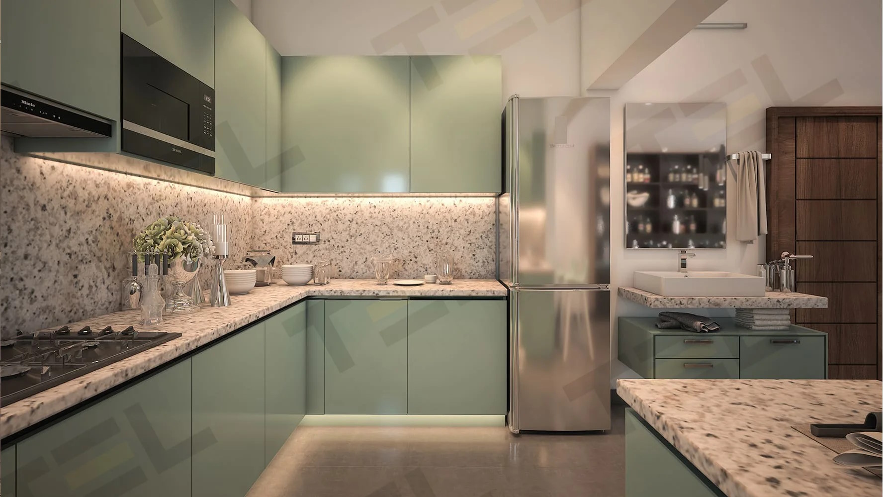 Contemporary L-Shaped Kitchen Design with Granite Countertop