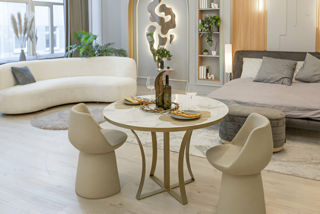 Contemporary Living Room Design with Curved Sofas and Marble Coffee Table