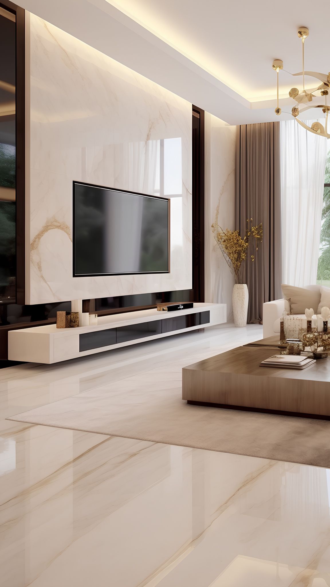 Contemporary TV Unit Design in Marble Texture and White