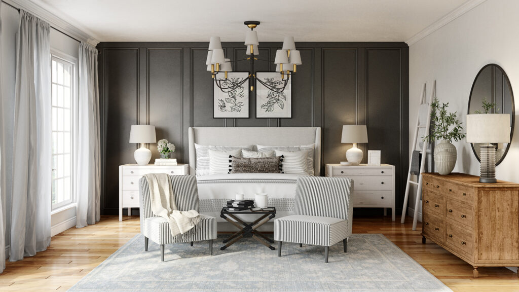 Minimalist Master Bedroom Design with Queen Bed and Crystal Lamps