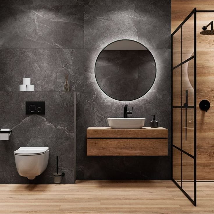 Modern Bathroom Design with Ceramic Grey Tiles and Backlit Mirror