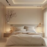 Modern Bedroom Design with Wooden Side Table and Beige Wall