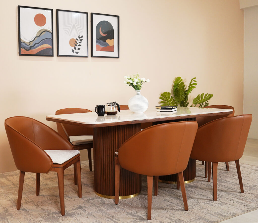 Modern Dining Room Design with Marble Table and Wooden Legs