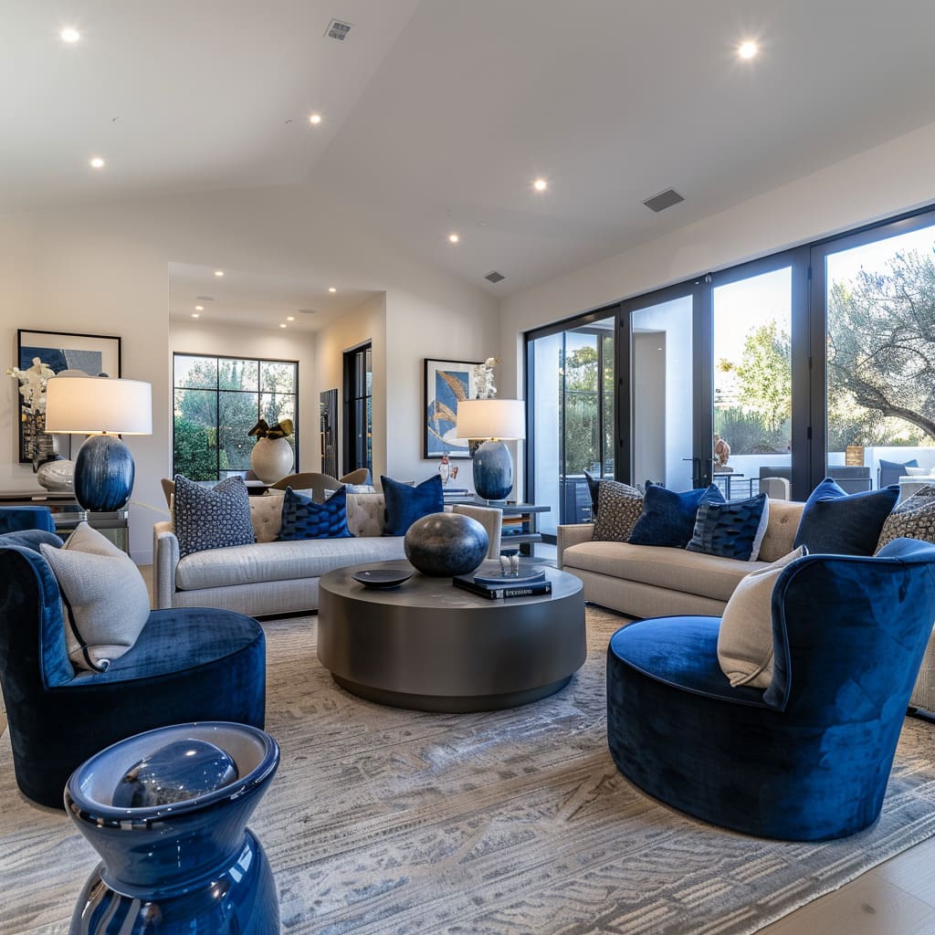 Modern Living Room Design with Blue and Beige Upholstery Furniture