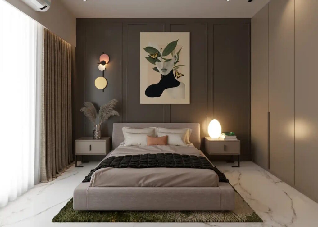 Modern Master Bedroom Design with Chevron Gray Wall and Wardrobe