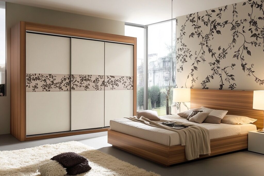 Modern Master Bedroom Design with Floral Wallpaper and Queen Bed