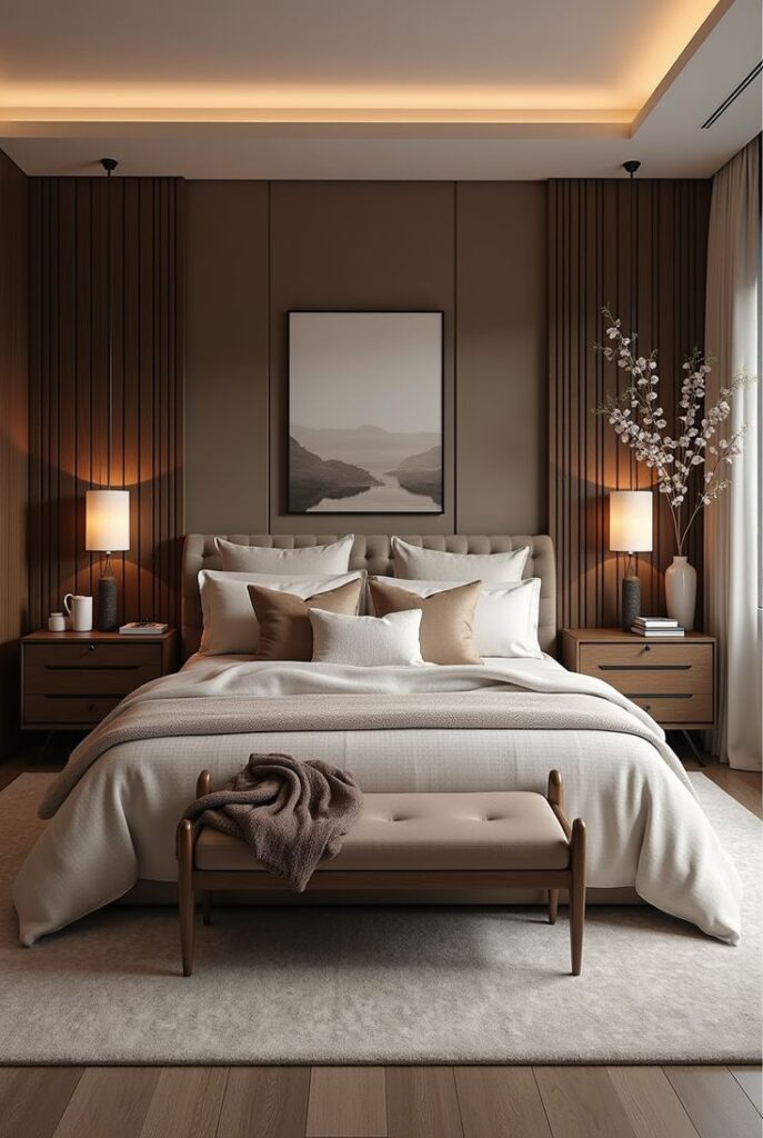 Modern Master Bedroom Design with Upholstered Bed and Wall Panels