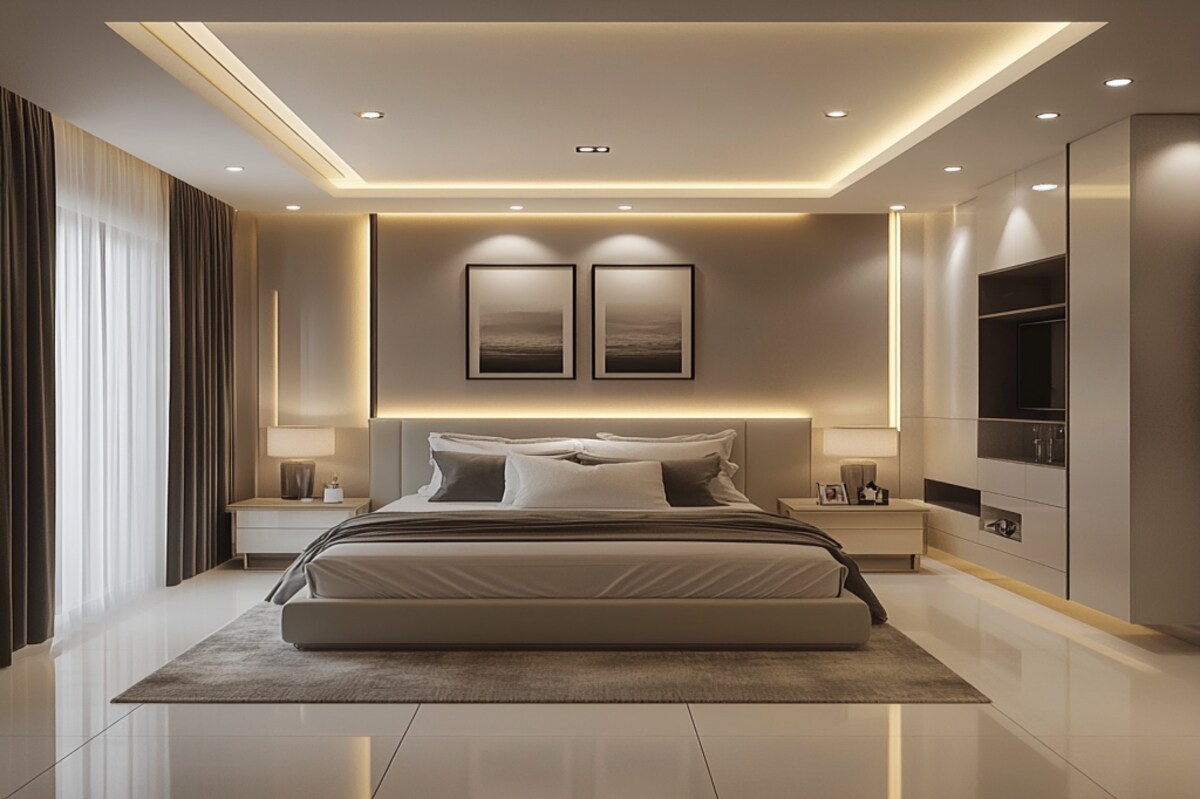 Single-Layered Contemporary Gypsum False Ceiling Design with Linear Drop